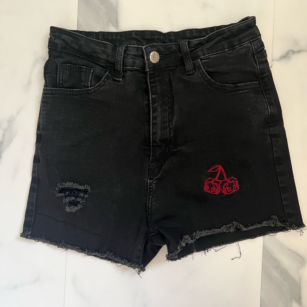 Black Denim Shorts with Betty Boop Cherry Embroidery